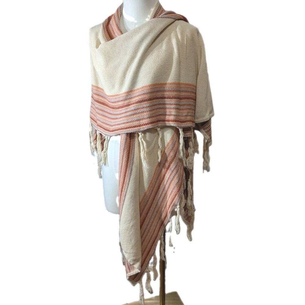 Love Stitch Beige Poncho Bohemian Cotton Tasseled Wrap One Size